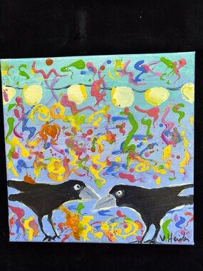 Crows Dancing In The Moonlight AnAcrylic  Original Painting 10”x10”On Canvas